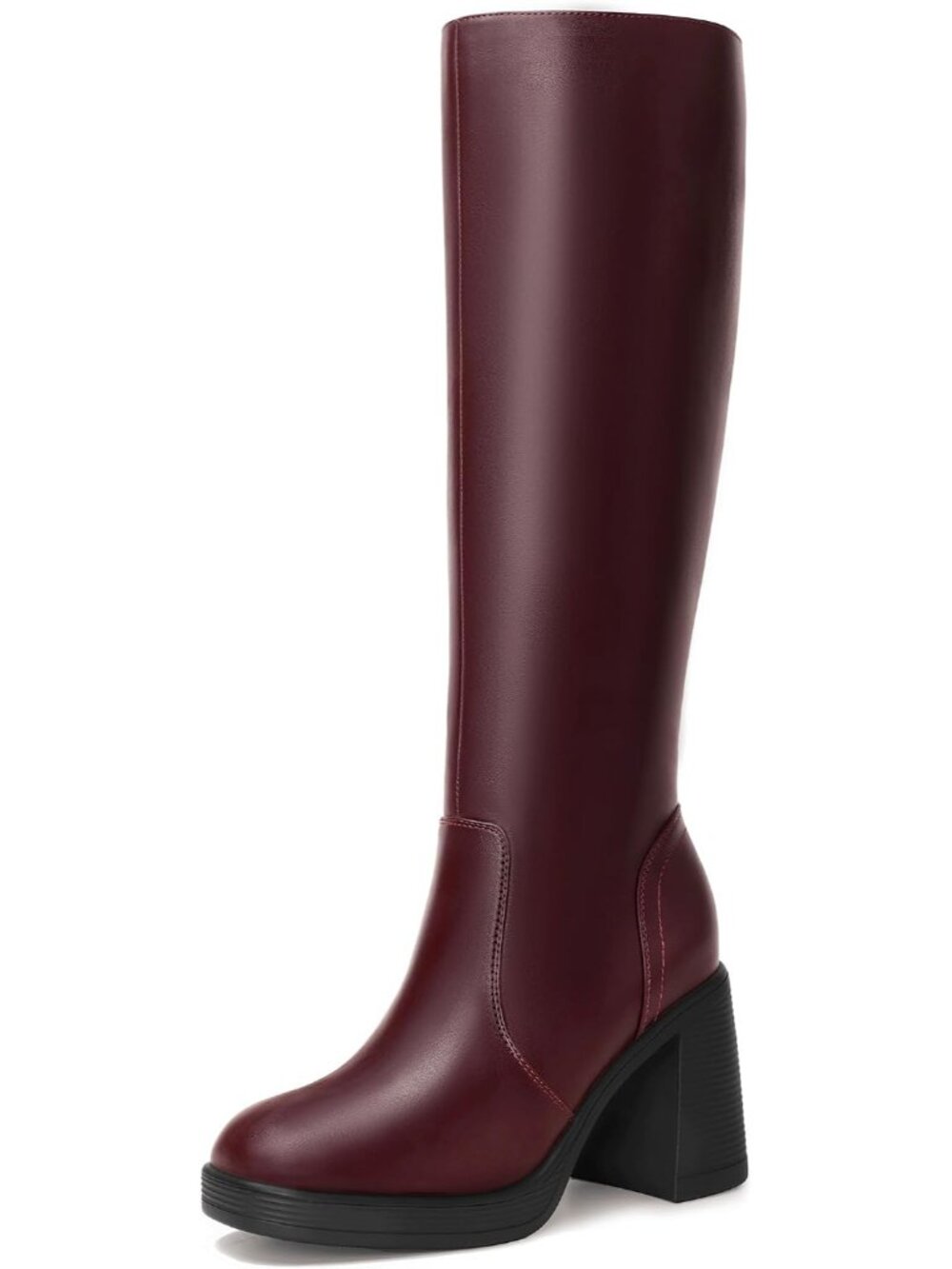 🆕Women's Burgundy Knee High Platform Boots Chunky Block Heel Square Toe Shoes